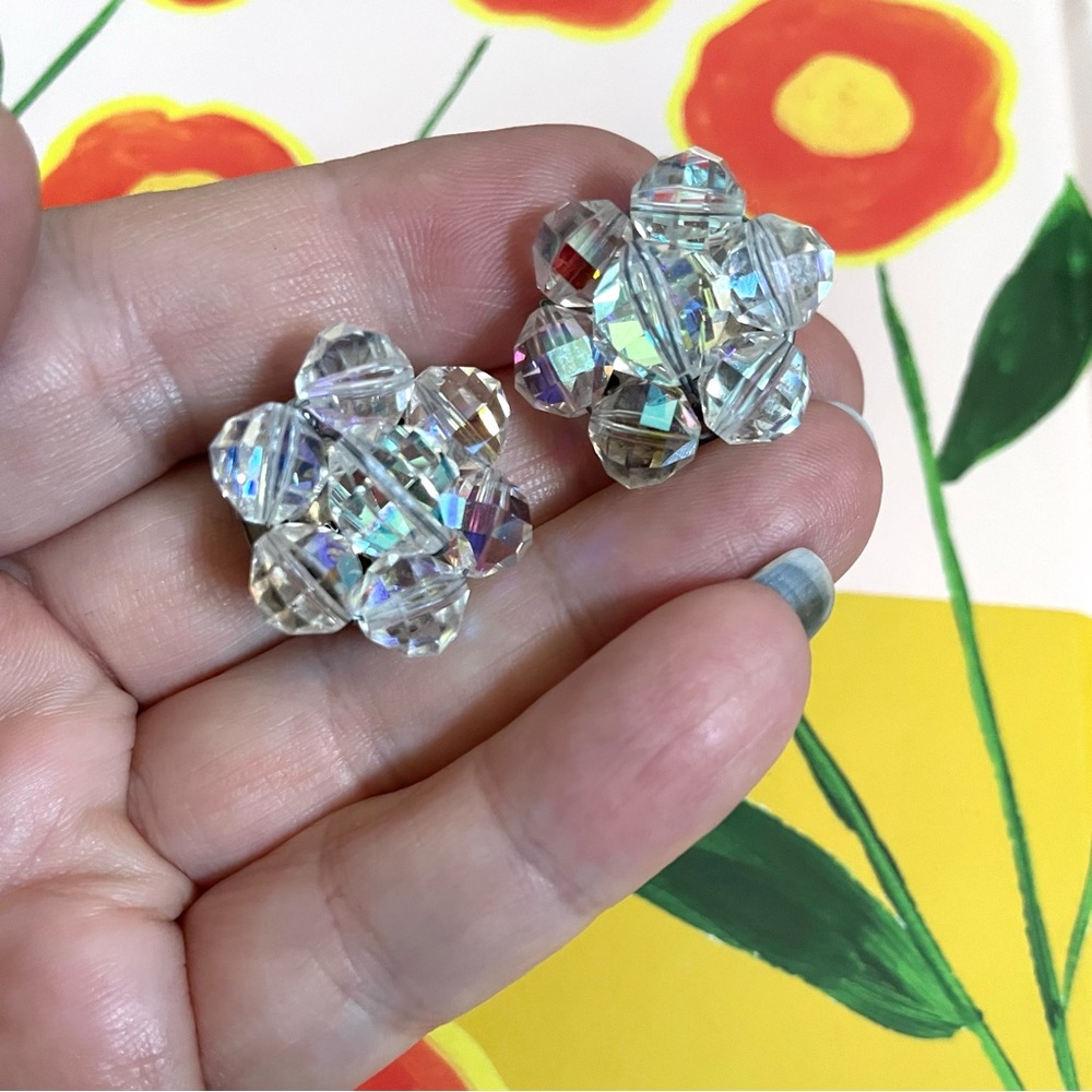 Vintage AB crystal cluster clip earrings